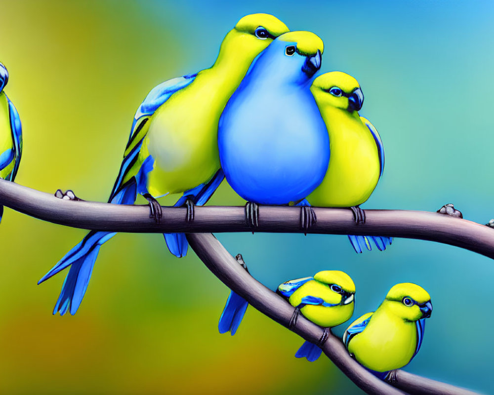 Five stylized blue and yellow birds on branches against blue-green background