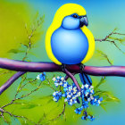 Five stylized blue and yellow birds on branches against blue-green background