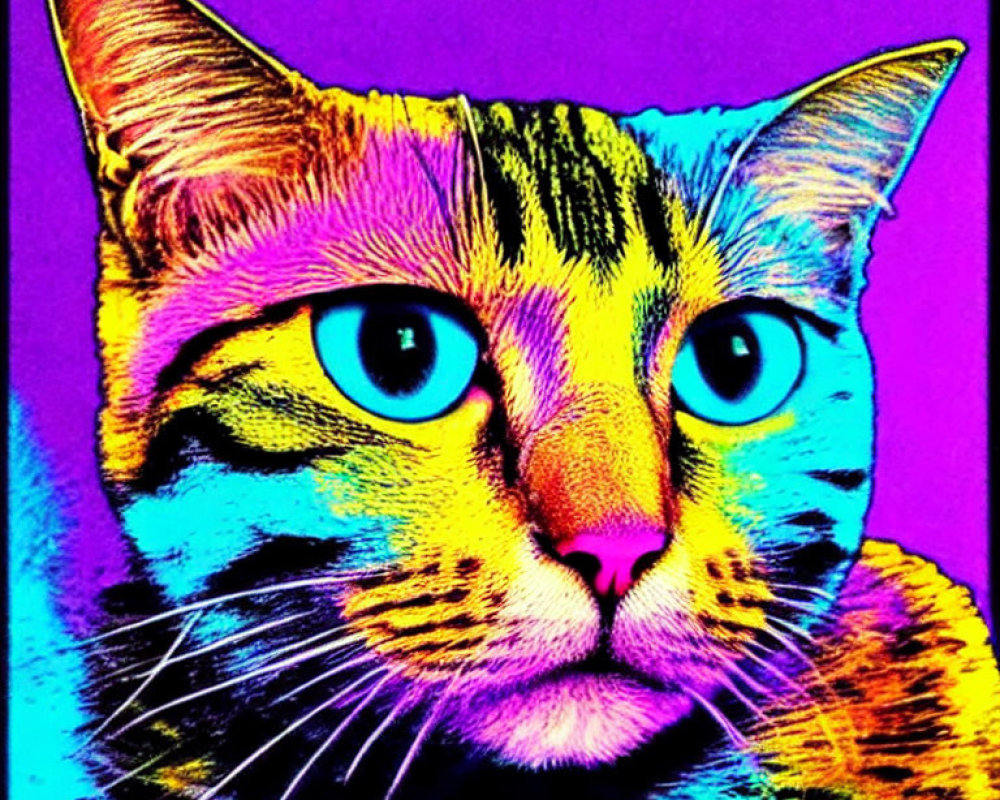 Colorful Psychedelic Cat with Blue Eyes and Multi-Colored Coat