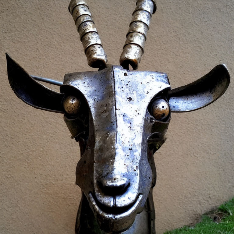Metal goat head sculpture with spiraled horns and round eyes on beige wall and grass