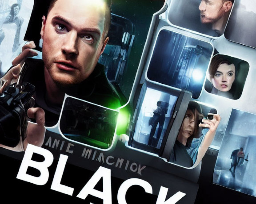 Intense characters in futuristic collage with "Black Mirror" title