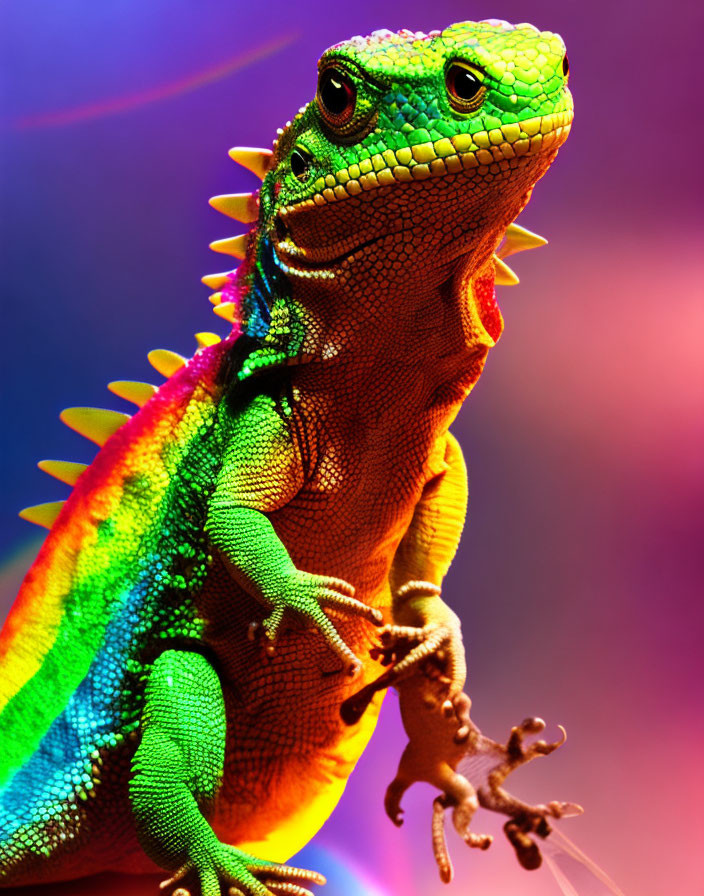 Colorful Iguana with Spines and Scales in Multicolored Lighting
