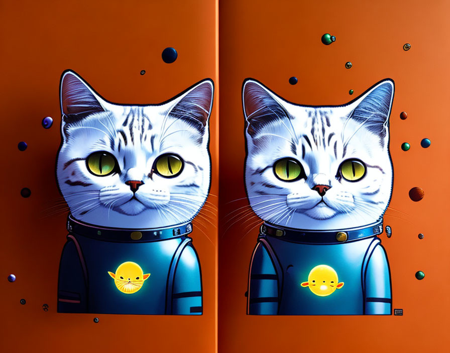 Illustrated Cat Astronauts and Smiling Alien in Space Scene