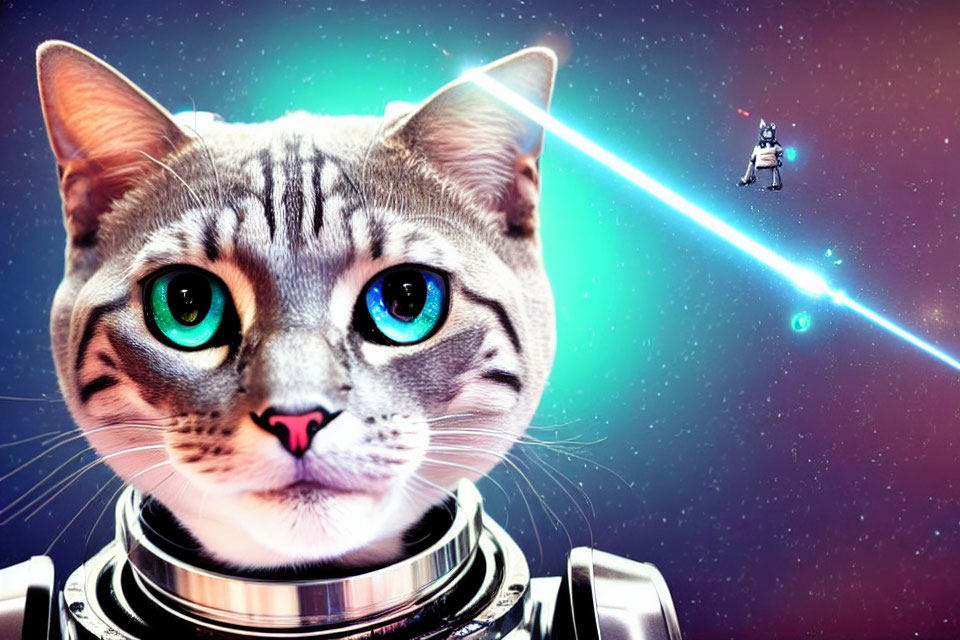 Blue-eyed cat in spacesuit with astronaut in cosmic scene