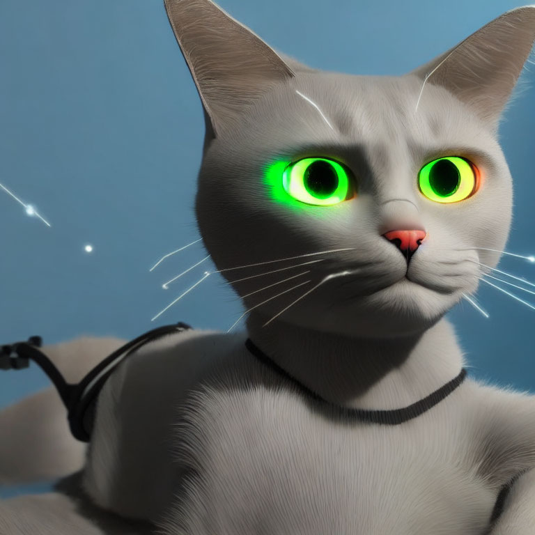 Digital image of a cat with glowing green eyes and collar on starry background