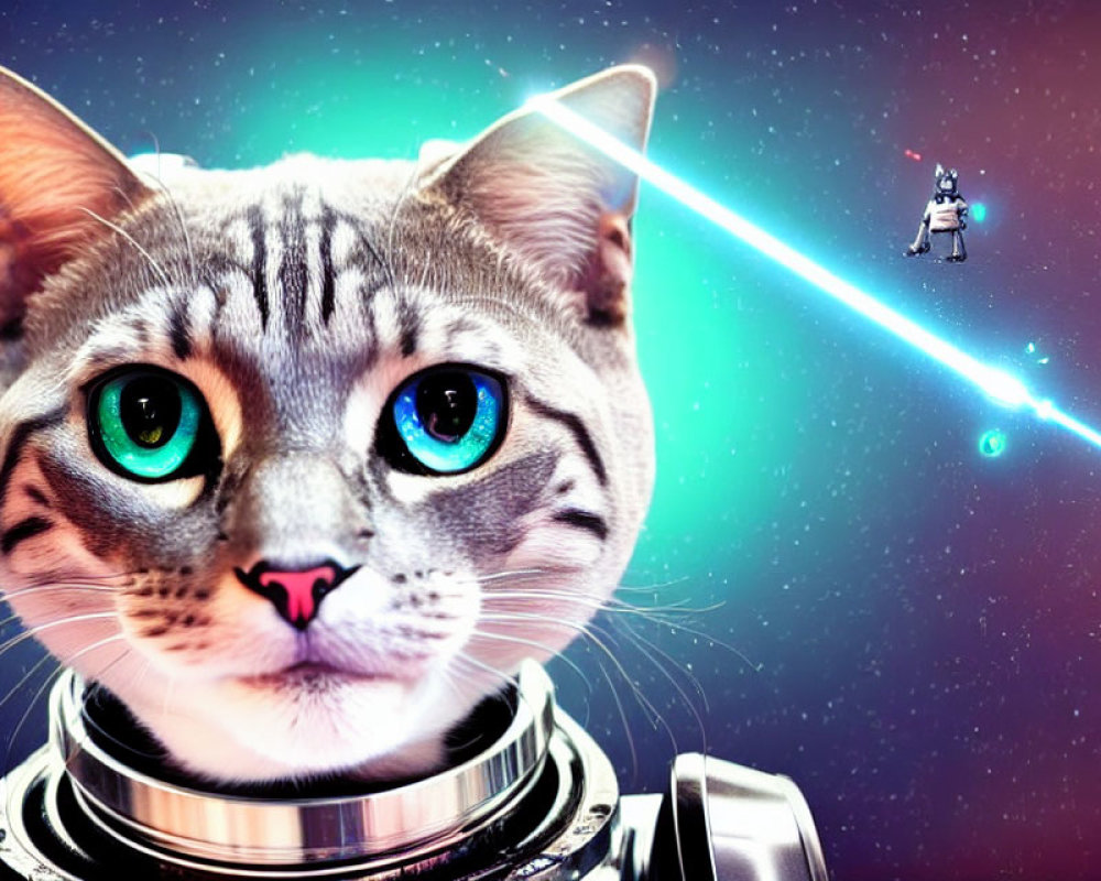 Blue-eyed cat in spacesuit with astronaut in cosmic scene