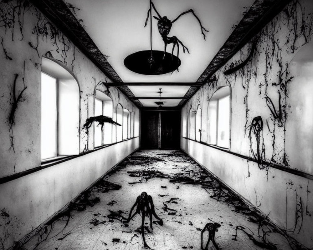 Creepy abandoned corridor with eerie spider sculptures