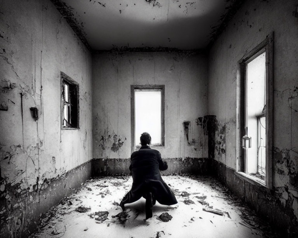 Person in Dark Coat Kneeling in Abandoned Room