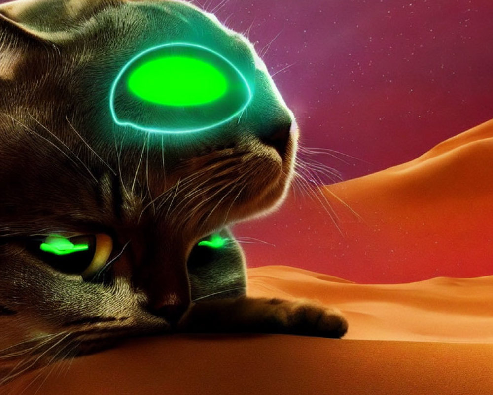 Digital illustration of cat with glowing green eyes and cybernetic enhancements against cosmic backdrop.