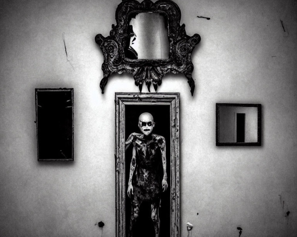 Skeleton Standing in Doorway with Broken Mirror and Wall Frames