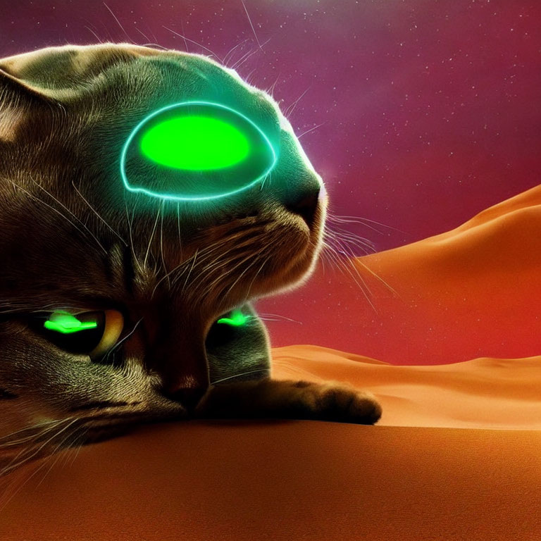 Digital illustration of cat with glowing green eyes and cybernetic enhancements against cosmic backdrop.