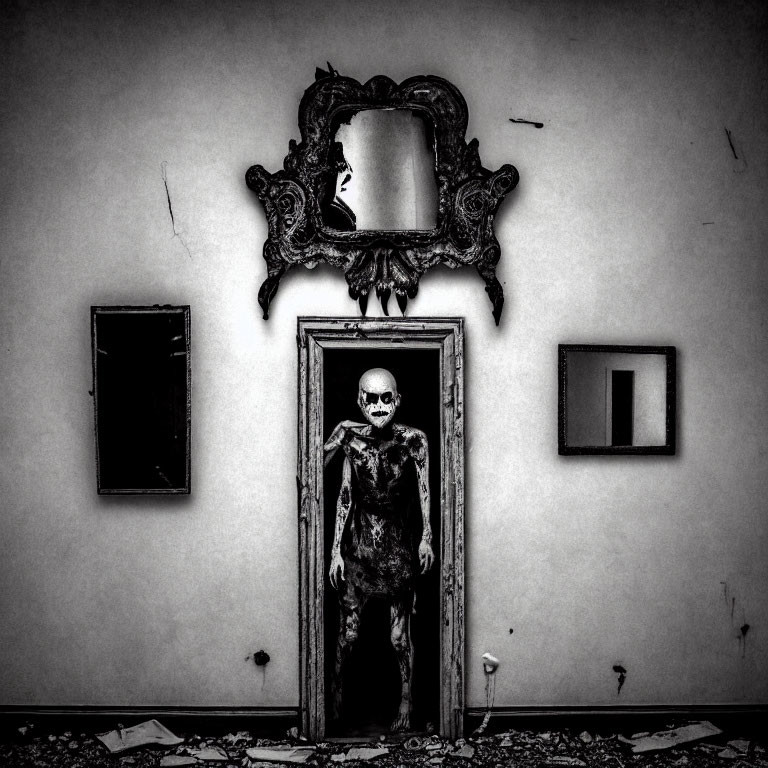 Skeleton Standing in Doorway with Broken Mirror and Wall Frames