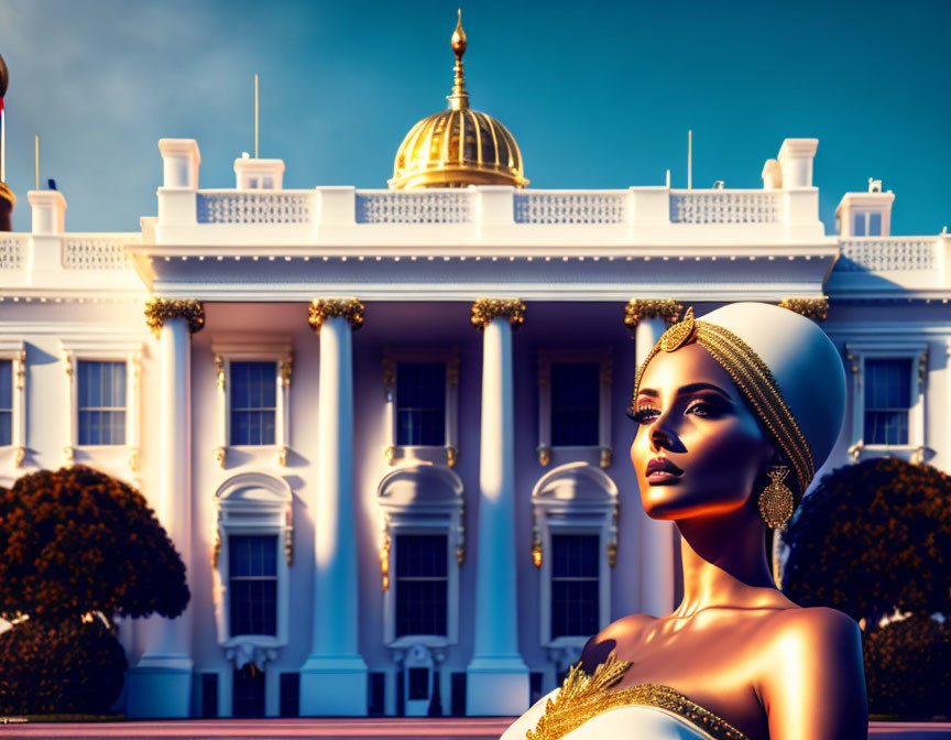 Person in glamorous attire with turban posing at White House in warm sunlight