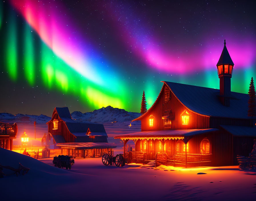 Starry night sky with vibrant aurora borealis above snow-covered village