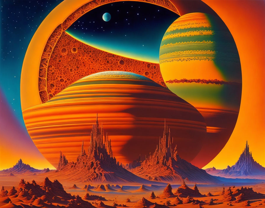Colorful sci-fi landscape with oversized planets and alien rock formations