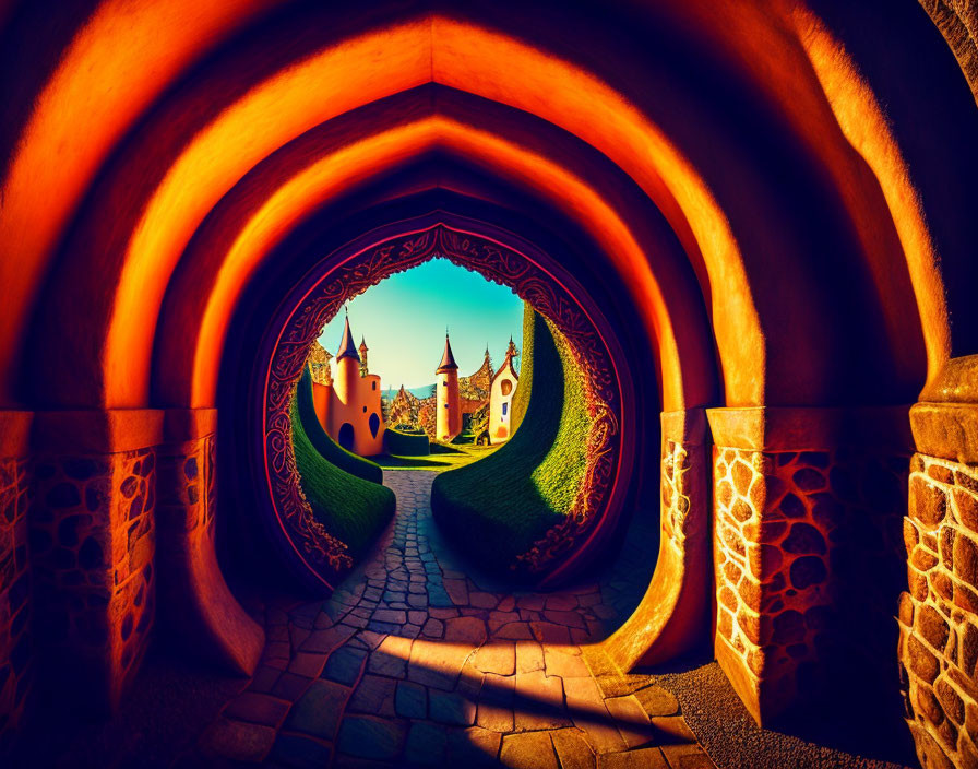 Distorted tunnel view to fairytale castle under blue sky
