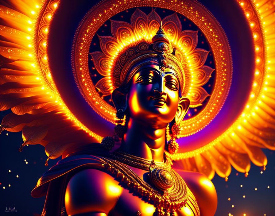 Radiant deity with multiple halos in gold jewelry on deep blue background