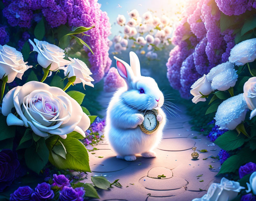 Whimsical white rabbit with pocket watch in magical garden scene