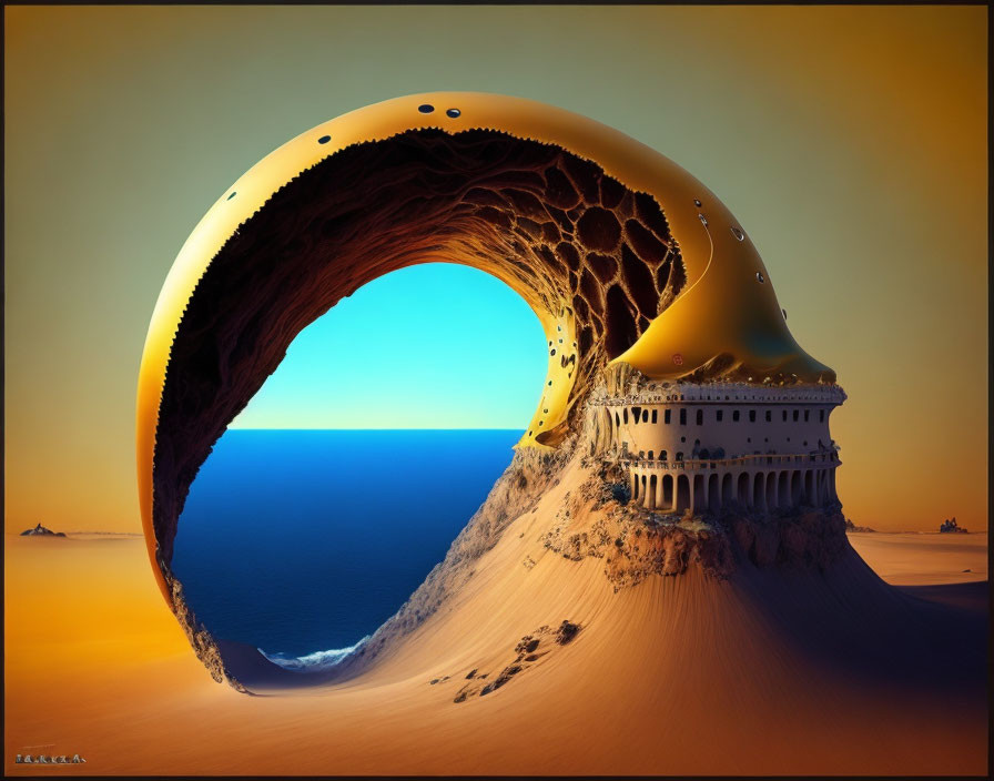 Surreal landscape: Wave-like sand formation over blue sea with classical architectural elements.