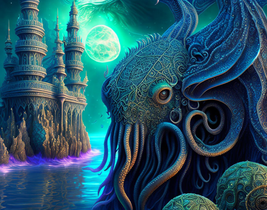 Blue octopus in surreal ocean with castle under green moon