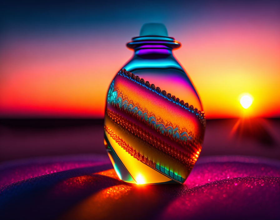 Colorful Perfume Bottle on Sandy Terrain with Sunset Reflections