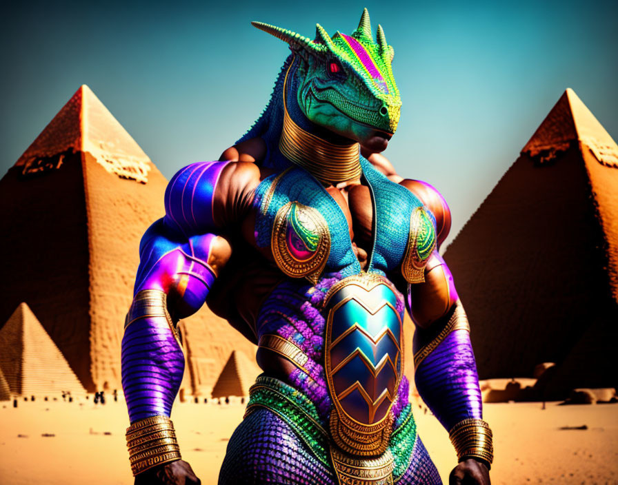 Colorful anthropomorphic reptile poses heroically at Egyptian pyramids