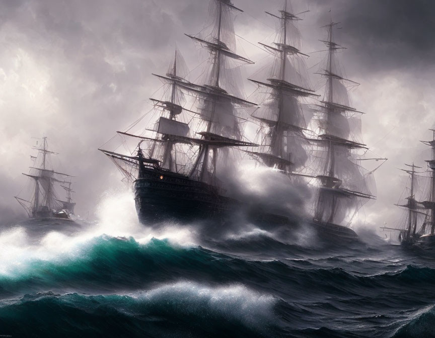 Tall ships sailing turbulent seas in stormy weather