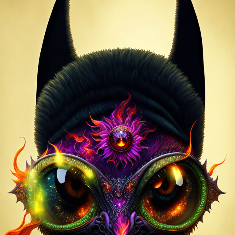 Colorful surreal creature with multicolored eyes and fiery elements on golden background