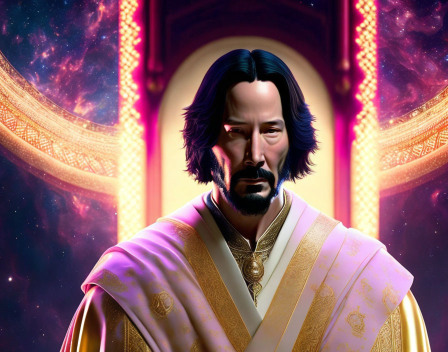 Regal man in white robe with purple accents in cosmic setting