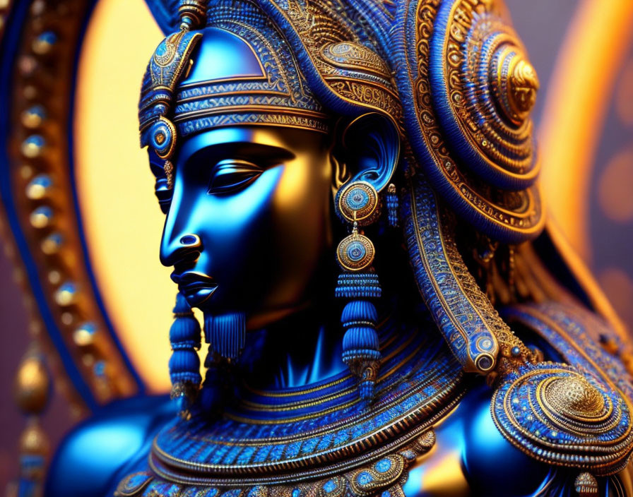 Vibrant blue and gold figurine with traditional jewelry and headgear on warm backdrop