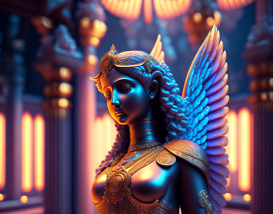 Detailed 3D illustration of mythical warrior with blue skin, golden armor, and wings in temple setting
