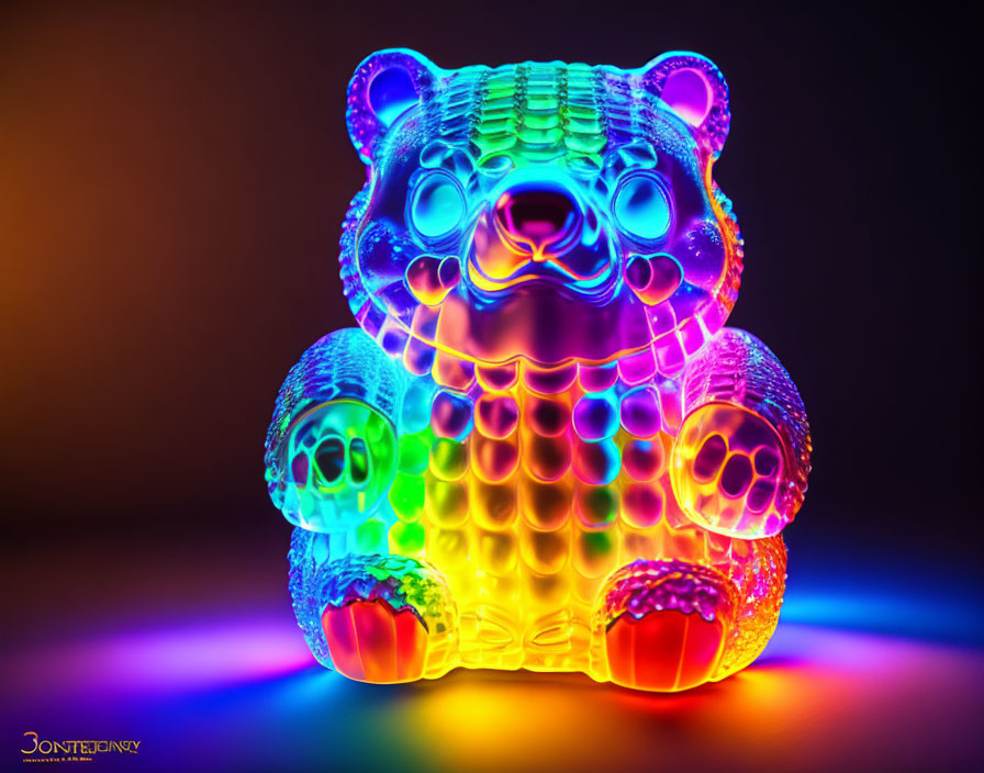 Vibrant neon-lit teddy bear sculpture on dark background