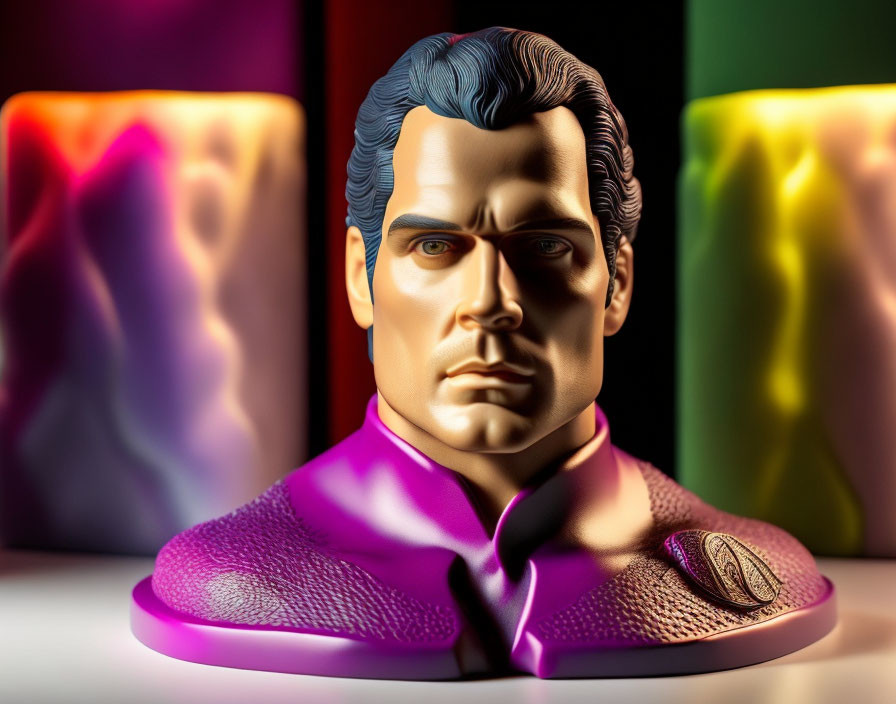 Male superhero bust with unique hair and cape suit against vibrant blurred lights.