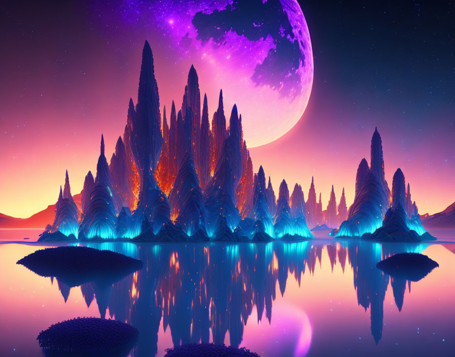 Fantasy landscape with purple skies, large moon, spiky mountains, and tranquil water
