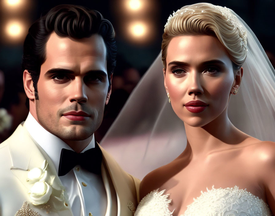 Digital illustration of bride and groom in wedding attire: man in white tuxedo, woman in veil