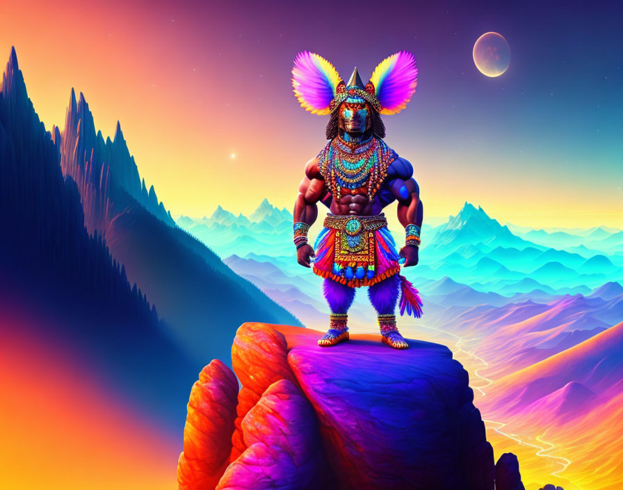 Muscular figure in indigenous attire on rock with crescent moon in vibrant landscape