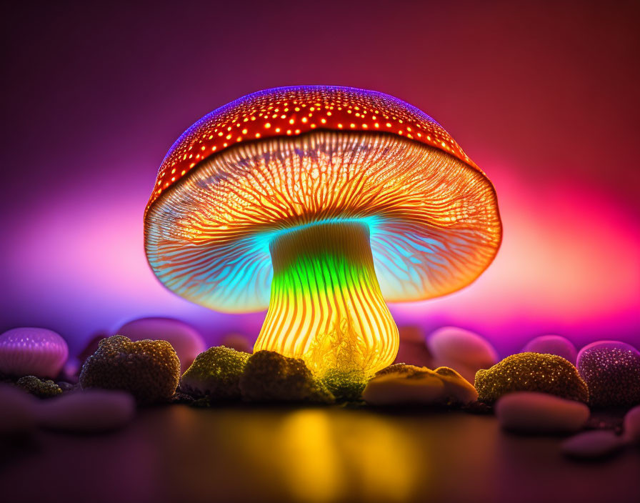 Colorful Glowing Mushroom on Pink and Purple Background