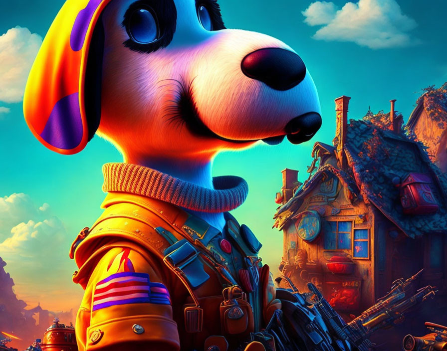 Cartoon dog pilot in goggles in front of whimsical cityscape.