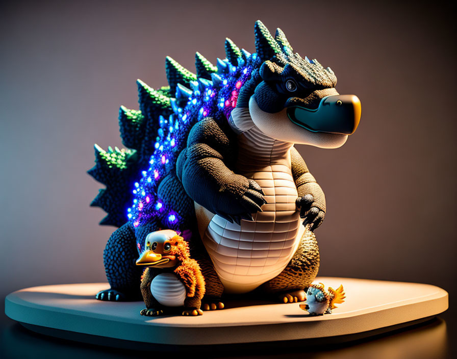 Stylized large crocodile figure with blue spines and two smaller creatures on round base