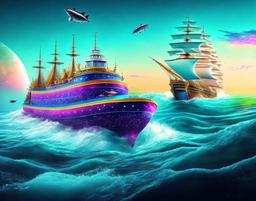 Vibrant seascape with cruise ships, sailboat, dolphins, moon, and surreal sky