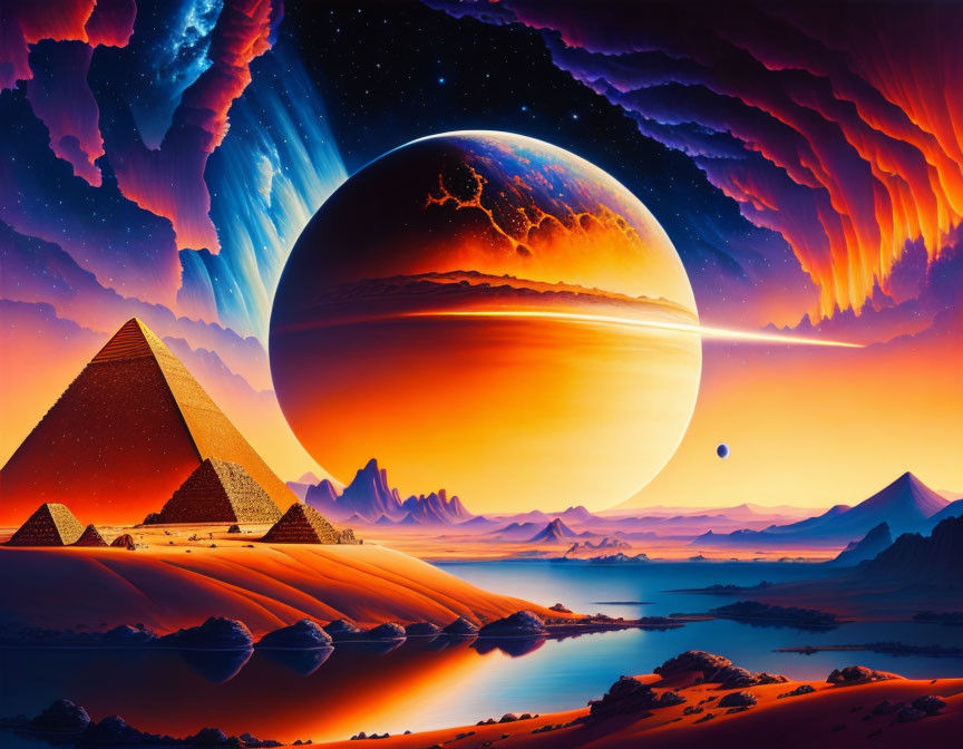Futuristic sci-fi landscape with pyramids, water body, planets, fiery clouds, and celestial