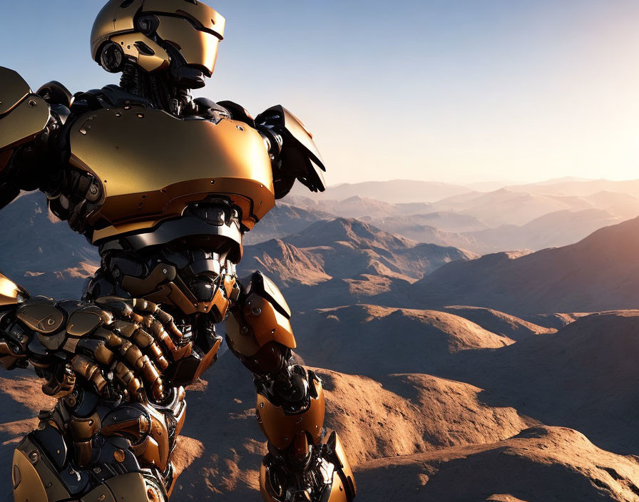 Detailed Golden and Black Armored Robot in Desert Landscape