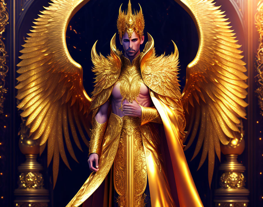 Regal figure in golden armor with wings, crown, and cape exudes majestic presence