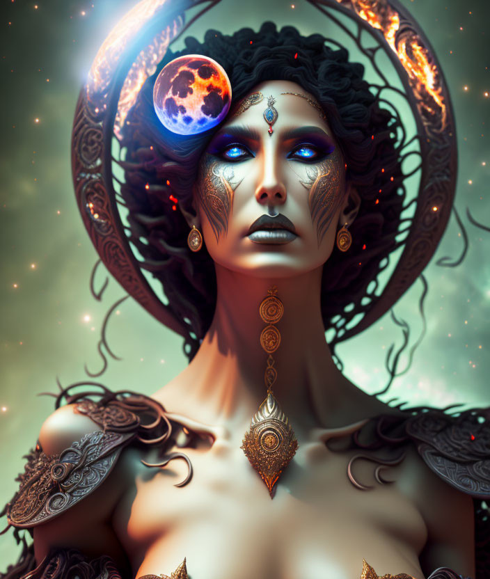 Mystical woman with ornate tattoos and jewelry in celestial setting