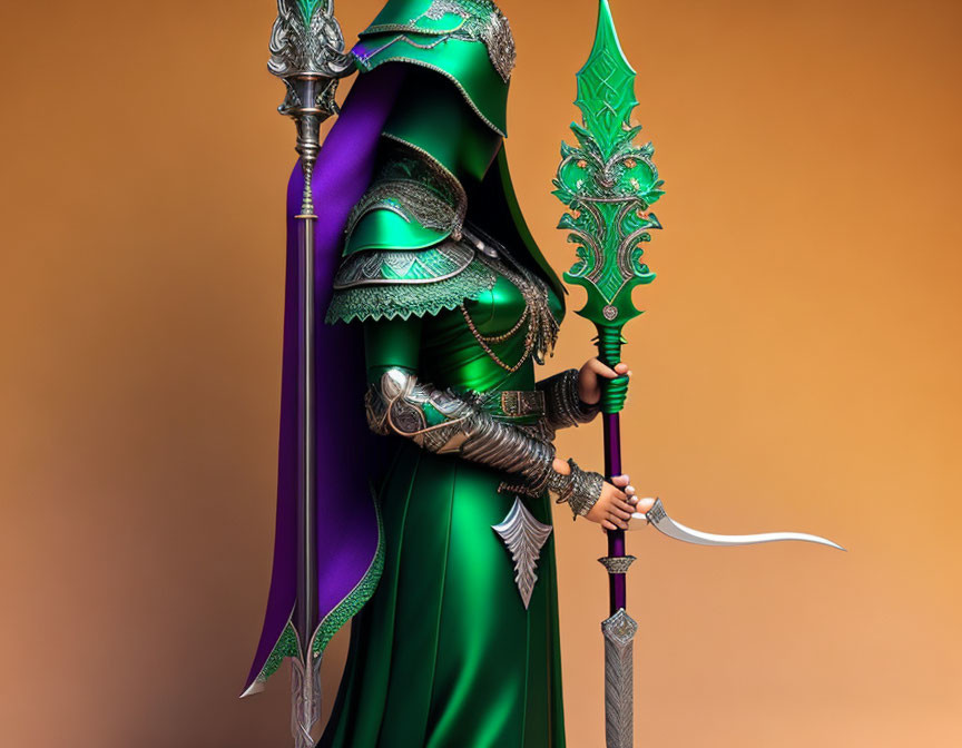 Person in Green and Purple Armor with Spear and Dagger