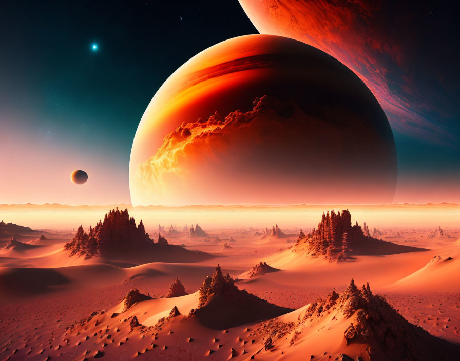 Orange-Hued Dunes and Colossal Planets in Surreal Landscape