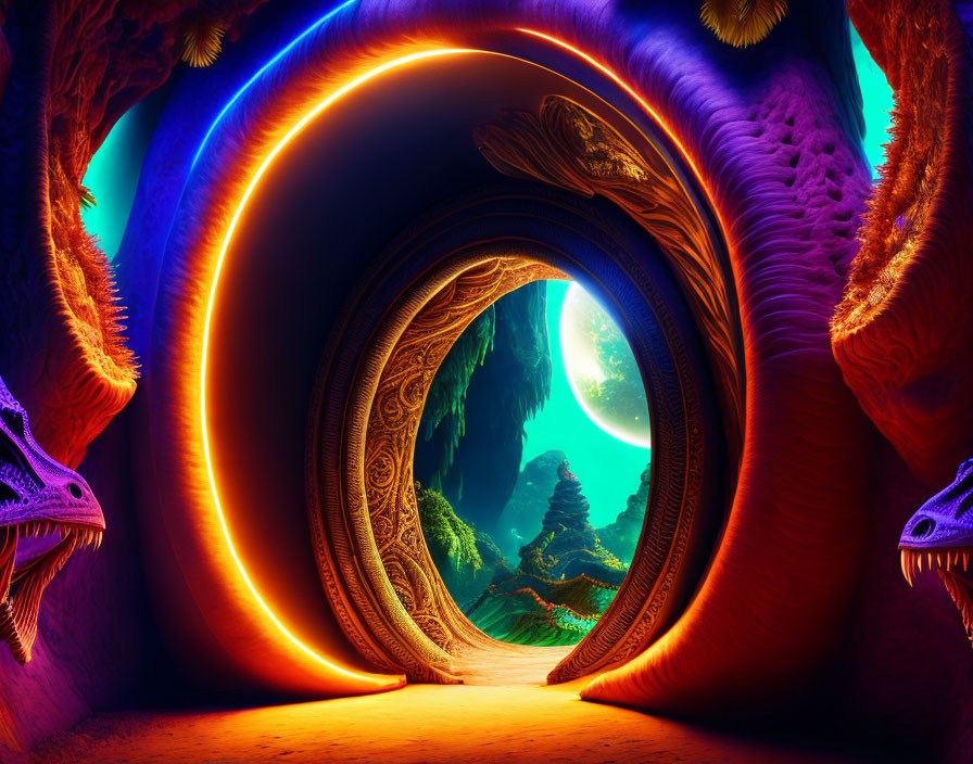 Fantasy Portal with Glowing Edges and Dragon Heads in Mystical Landscape