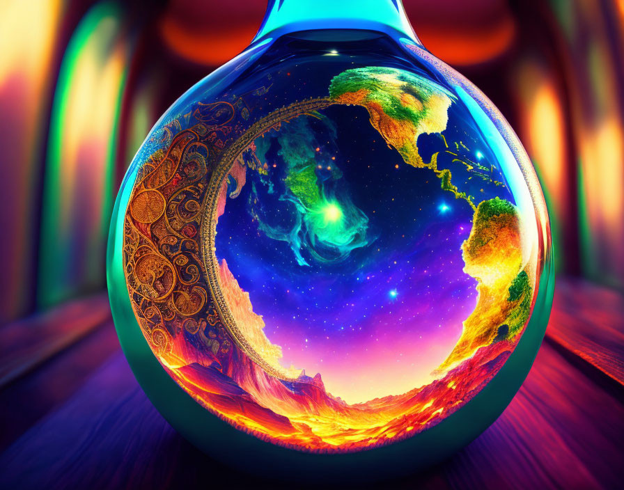 Surreal glass orb with Earth, galaxy core, and fiery landscape