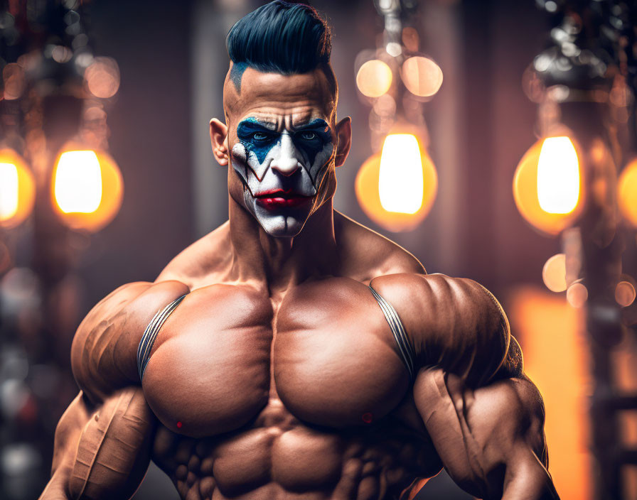 Muscular individual with comic book face paint poses confidently in front of glowing lights