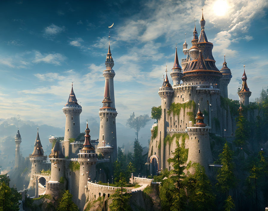 Majestic fairytale castle on lush mountain with towers and forests
